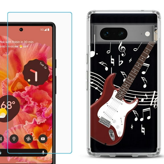 Slim-Fit Gel TPU Phone Case for Google Pixel 7, with Tempered Glass Screen Protector, by OneToughShield ® - Guitar Red