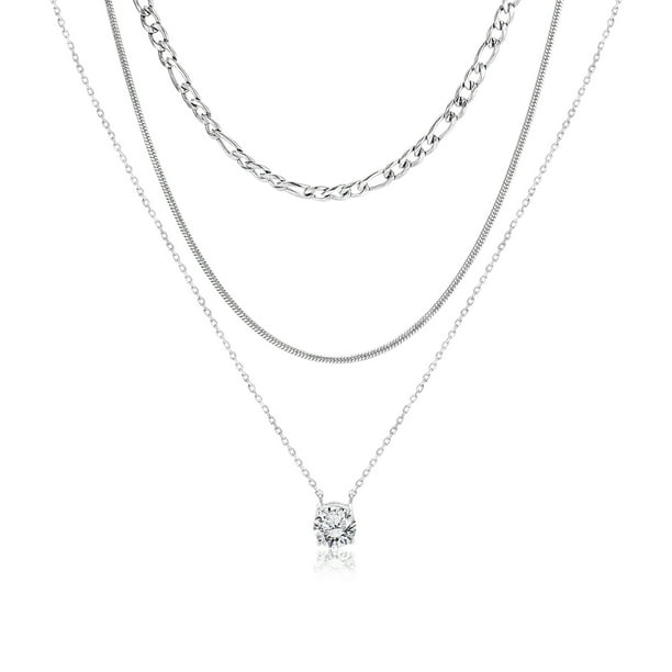 JeenMata Multipack 3 piezas colgante de collar en capas para mujer, chapado en oro blanco, cadena de oro, collar de gargantilla, collar en capas de espiga, regalo de joyería