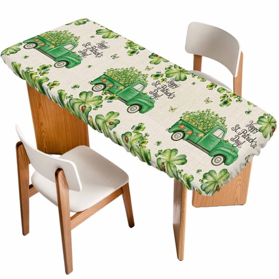 St. Patrick's Day Table Cloths for 8 Foot Rectangle Tables, Green Shamrocks Truck Plants Retro Beige Patio Waterproof Elastic Fitted Tablecloths, Washable Rectangular Table Cover for Camping