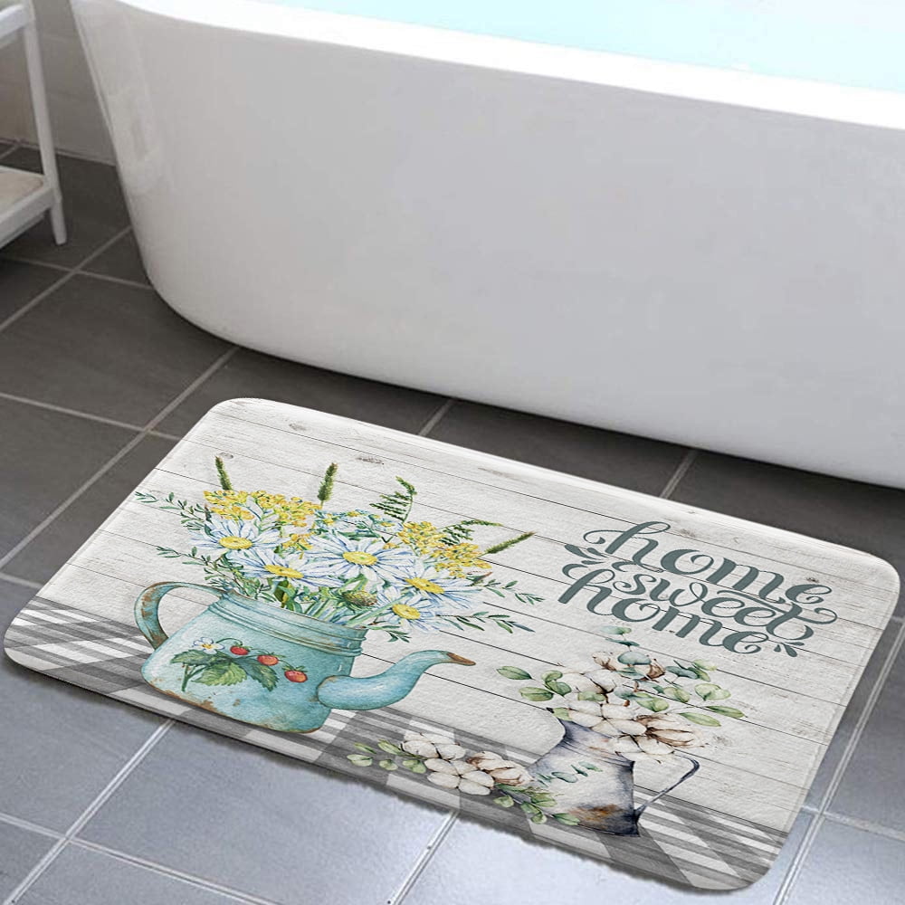 Rustic Farmhouse Bath Rug, Floral Flowers and Butterfly on Country Farm ...