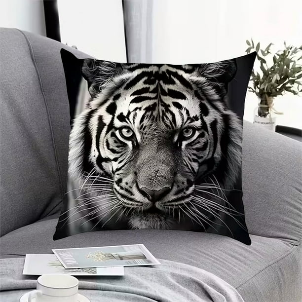 Funda de cojín de lino con estampado de animales para sofá y salón | Funda de cojín con estampado de león y ranura | Funda de almohada decorativa de poliéster de 45 x 45 cm