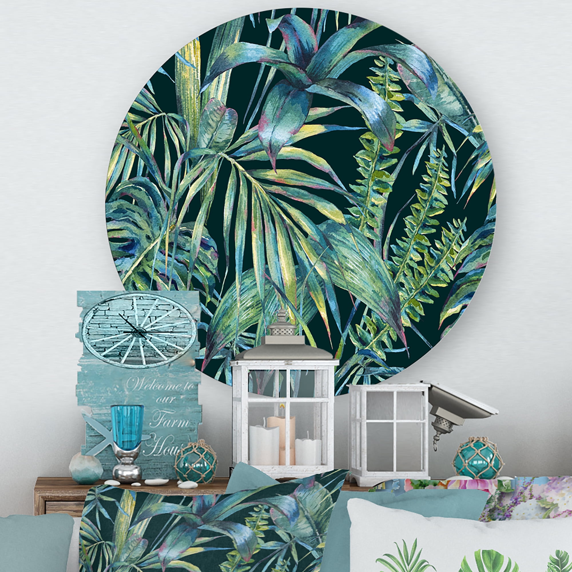 Designart 'Natural Green Leaves Exotic On Dark I' Tropical Circle Metal Wall Art 23x23 - Disc of 23