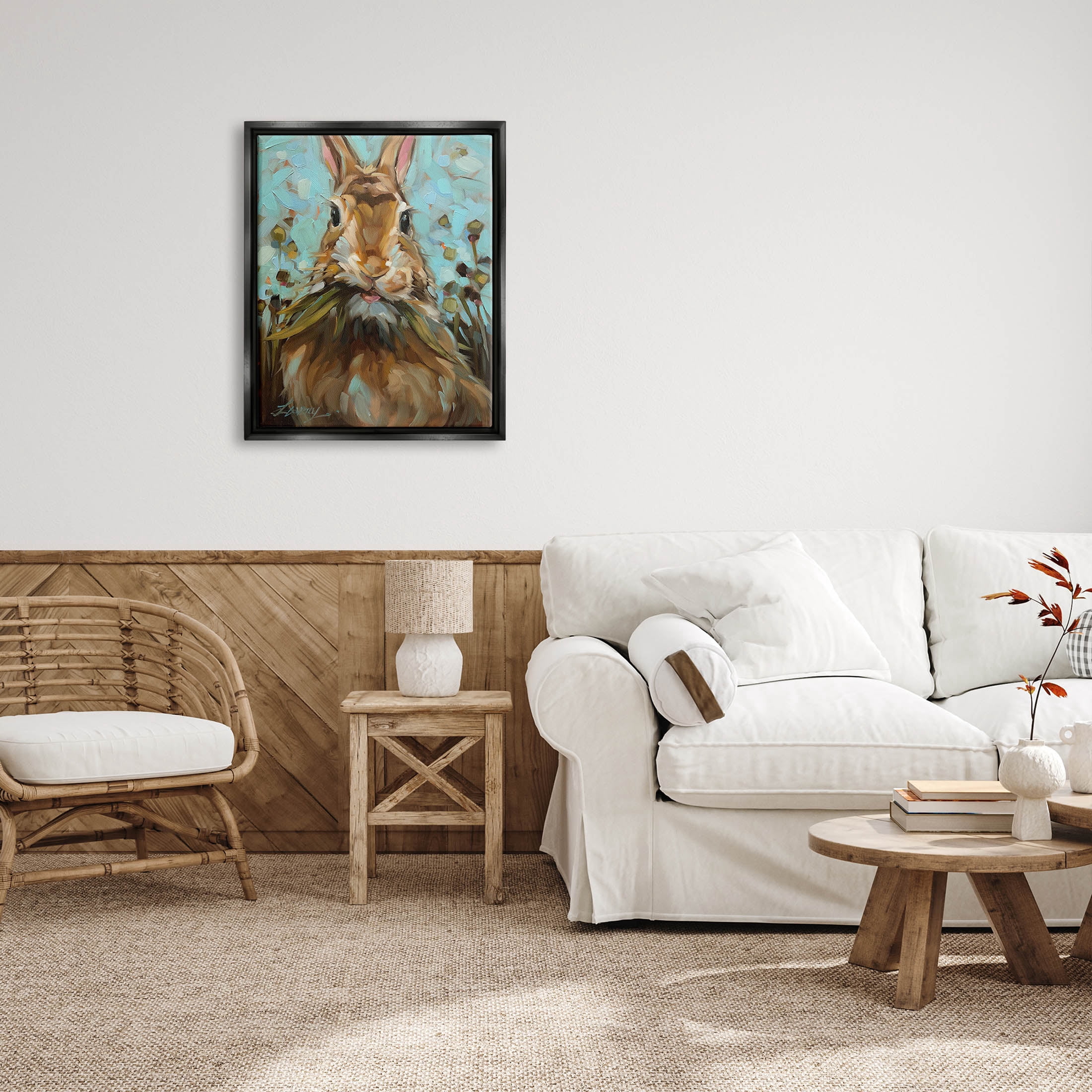 Wildlife Rabbit Eating Grass Animals & Insects Painting Jet Black Framed Art Print Wall Art