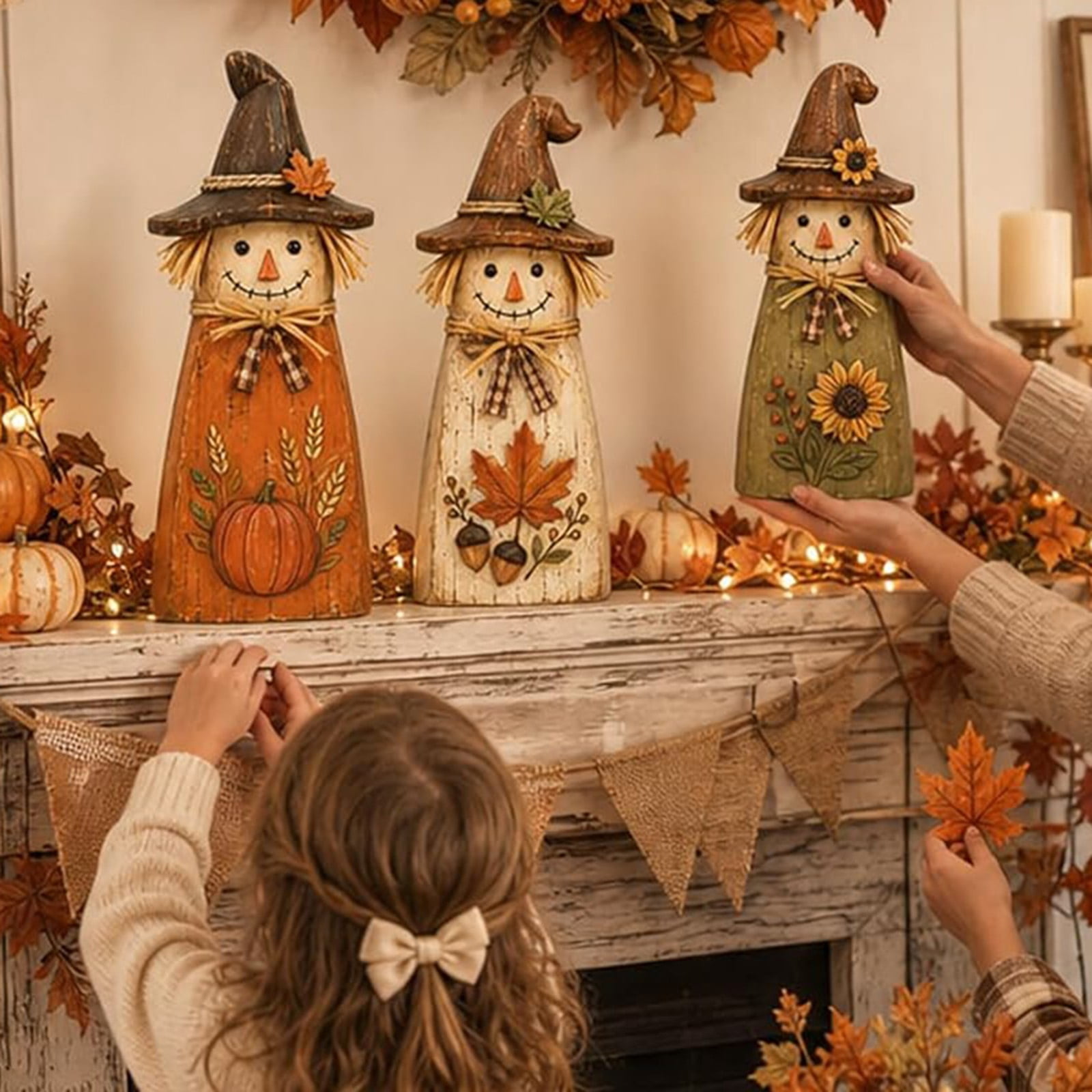YardChic 3 Pack Thanksgiving Scarecrow Wooden Decor, Harvest Wooden Rustic Wooden Scarecrow Ornaments, Fall Tiered Tray Autumn Table centerpiece Wood Standing Signs for Halloween Home Decoration