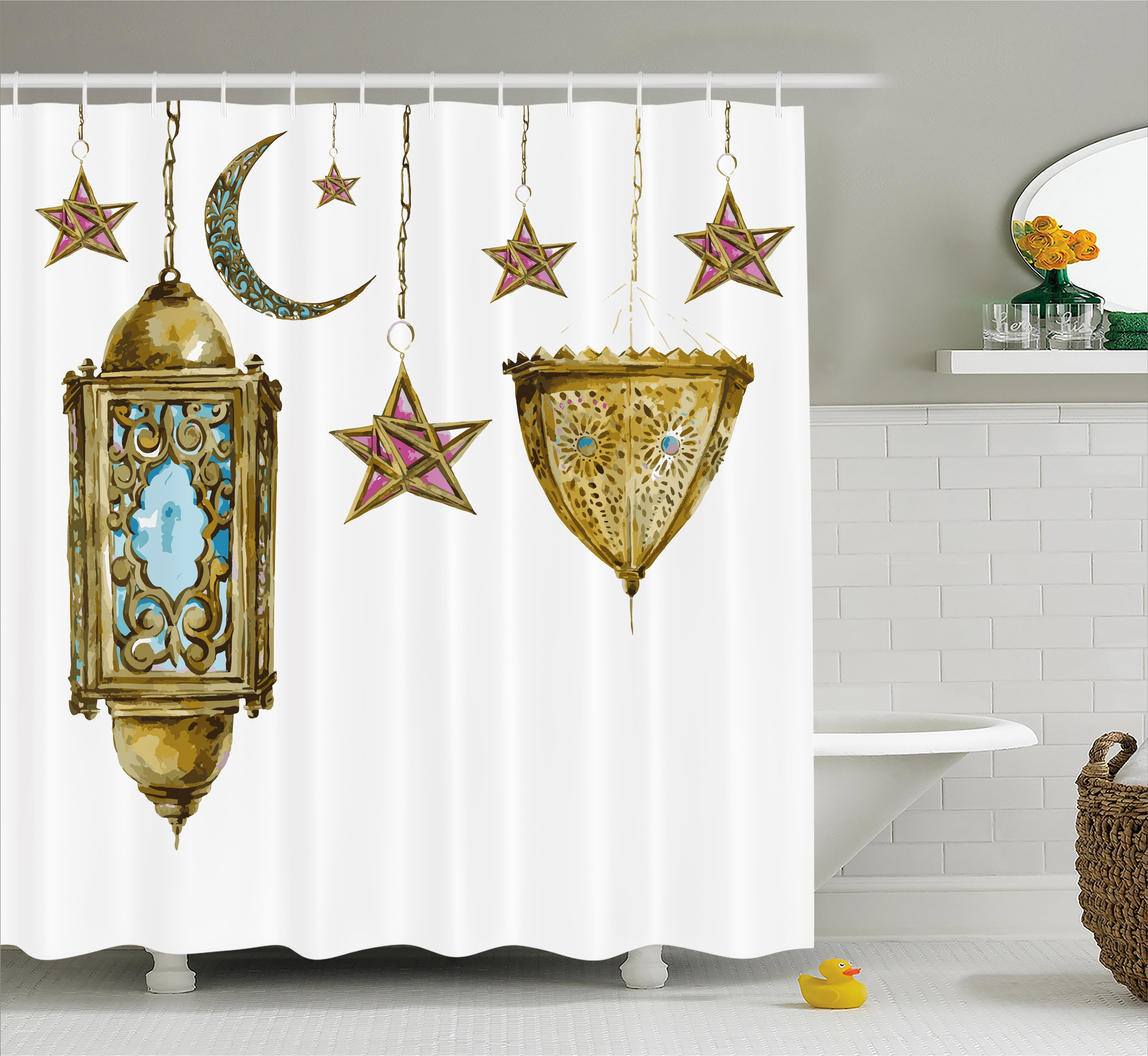 Lantern Shower Curtain, Traditional Hand Drawn Watercolor Crescents and Stars... by Kozmos