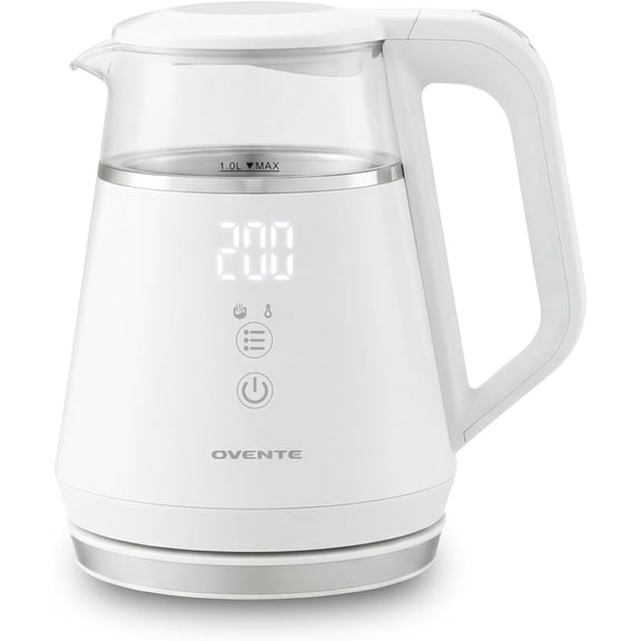 OVENTE 1L Electric Kettle with Temperature Control, 1500W, White KD95W | Water Boiler With Digital Display, 5Hr Keep Warm, Auto Shut-Off, Double-Wall Cool-Touch Exterior, BPA-Free Borosilicate Glass