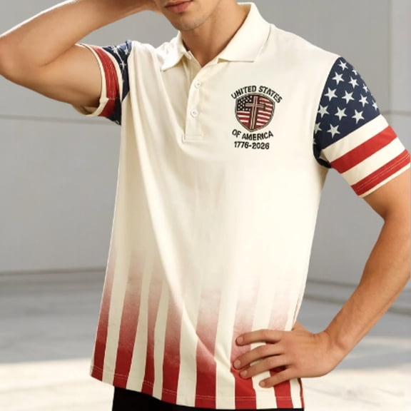FASHOFT 250th Anniversary USA Shirt Men 4th of July Polo Shirts Moisture Wicking Patriotic Golf Polos White L