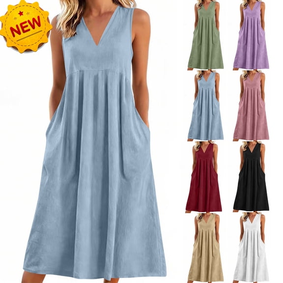 Taqqpue Womens Sleeveless Dresses Flowy Ruched Solid Color Maxi Dress V Neck Sundress Elegant Beach Dresses with Pockets