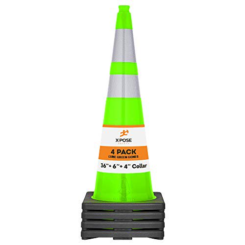 36” Lime Green Traffic Cone Dual 6" & 4" Reflective Collar 4 Pack