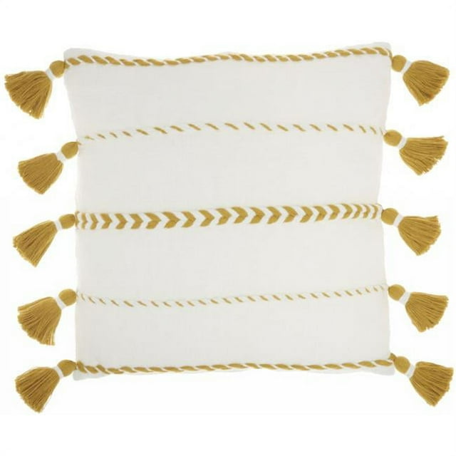 HomeRoots 386337 Coussin d'Appoint en Coton Blanc avec Pompon à Moutarde Détails&44; Moutarde