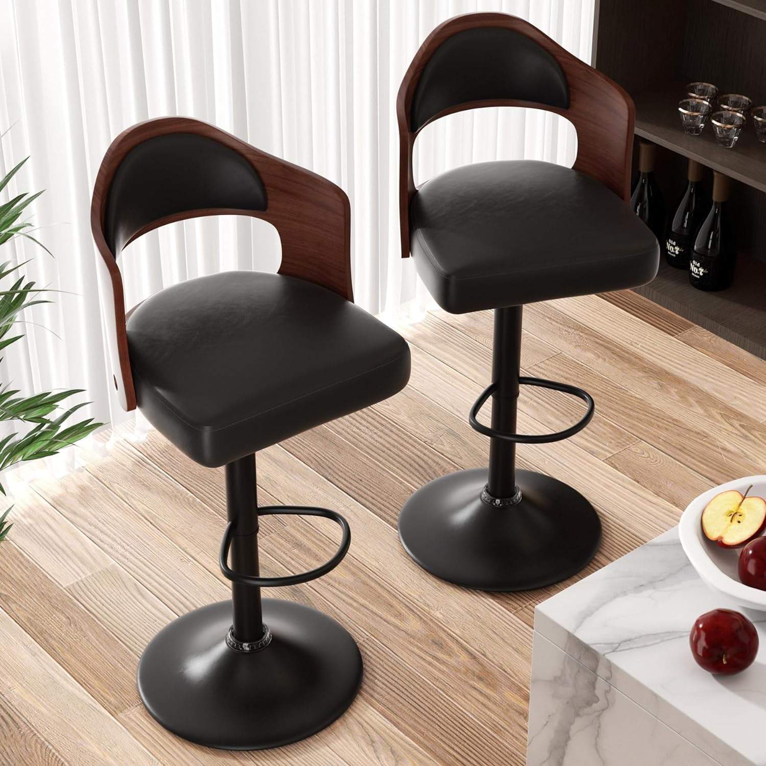 Hawsaiy Wooden Bar Stools Set of 2, Adjustable Height 24.5-33.5IN, Wooden Bar Chairs with PU Leather Upholstery, Back & Footrest for Kitchen, Dining, and Home Bar