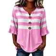 thumbnail image 2 of Wovilon Summer Casual V Neck Striped Blouse for Women, 3/4 Ruffle Sleeve Button Down Front with Pleated Detail, Relaxed Fit Everyday Vacation Outfit, 2 of 6