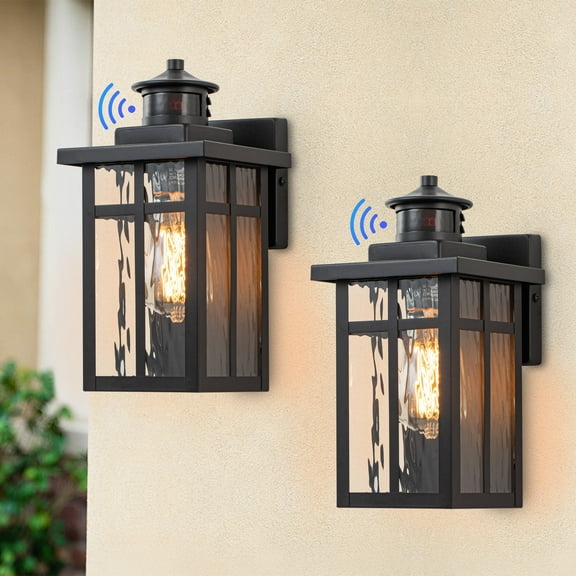 C Cattleya Matte Black Motion Sensing Dusk to Dawn Outdoor Wall Lantern Sconces with Water Glass(2-Pack)