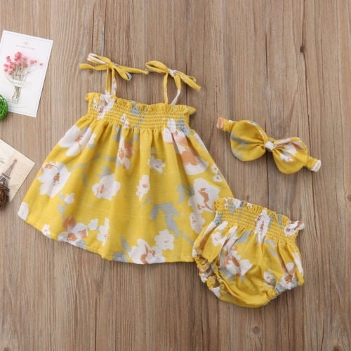 2018 Newborn Baby Girls Floral Strap Yellow Clothes T shirt Dress Shorts Pants Headband Cute Summer Outfits