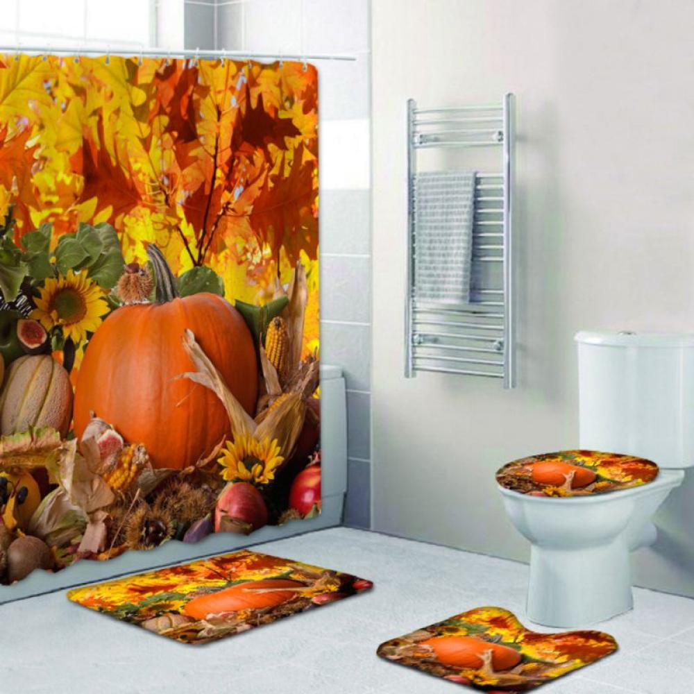 Thanksgiving Pumpkin Shower Curtain Toilet Cover Rug Bath Mat Contour Rug Set