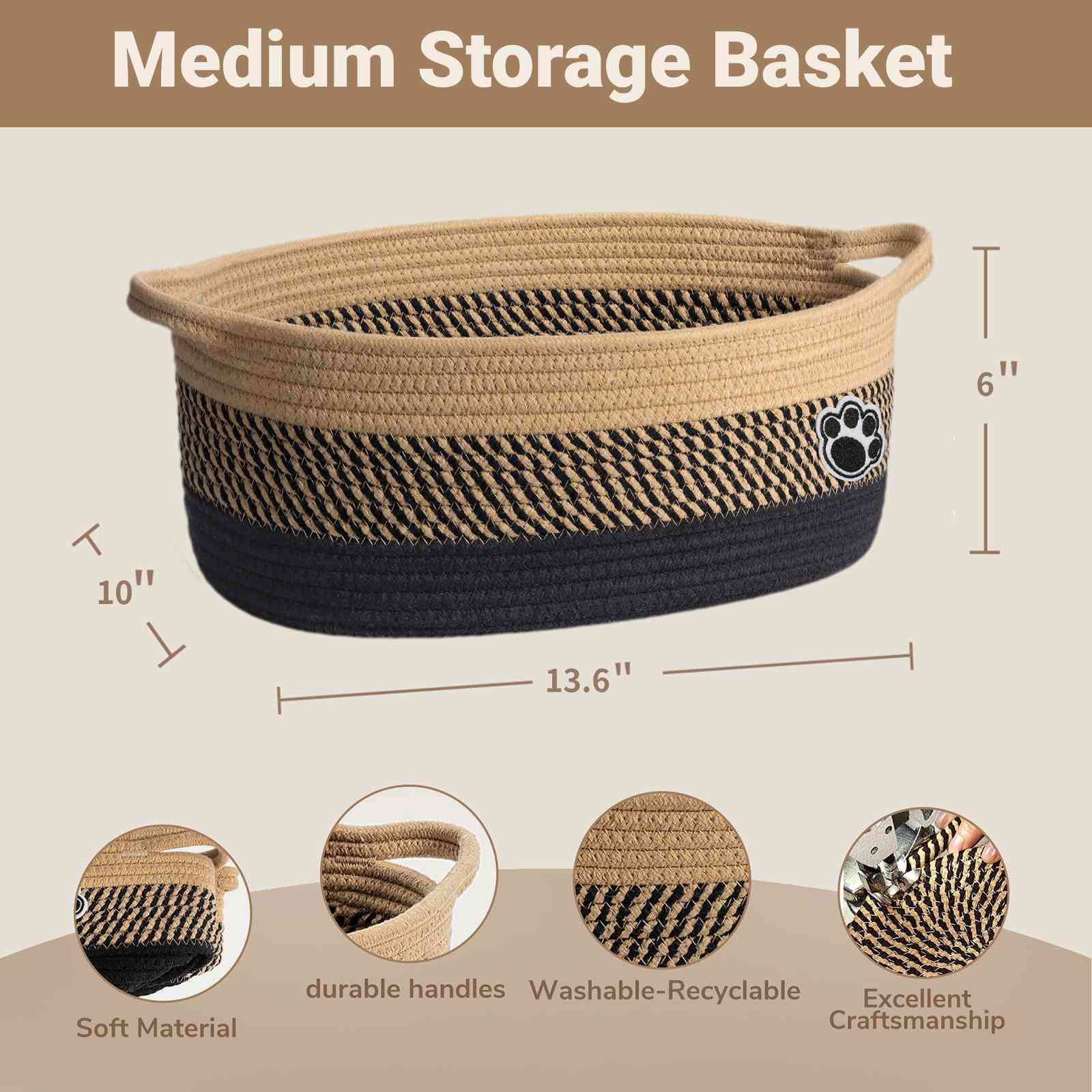 Timeyard Small Woven Baskets for Organizing Rope Storage Basket with Handle Cute Cotton Nursery Gift Dog Toy Bins Organizer-Black Brown