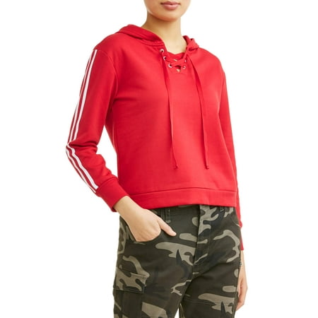 Juniors' Athletic Stripe Long Sleeve Lace-Up Hoodie