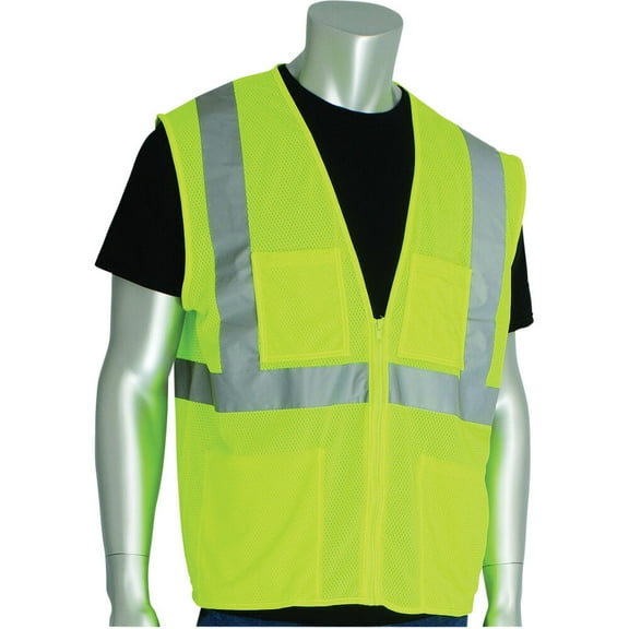 Protective Industrial Products 302-MVGZ4PLY-XL Zipper Safety Vest, Hi-viz Lime Yellow, 2 Lower And 2 Upper Chest Pockets, X-large