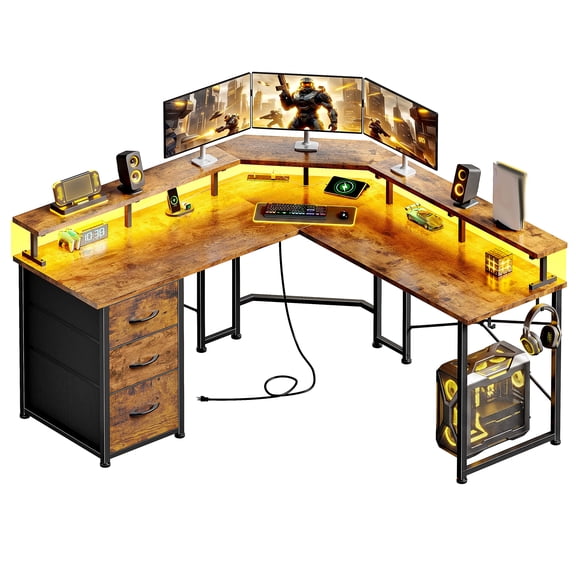 Romorgniz L-Shaped Office Desk with 3 LED Lights, Monitor Stand & 3 Drawers, Corner Desk with Side Hooks for Small Space, Brown