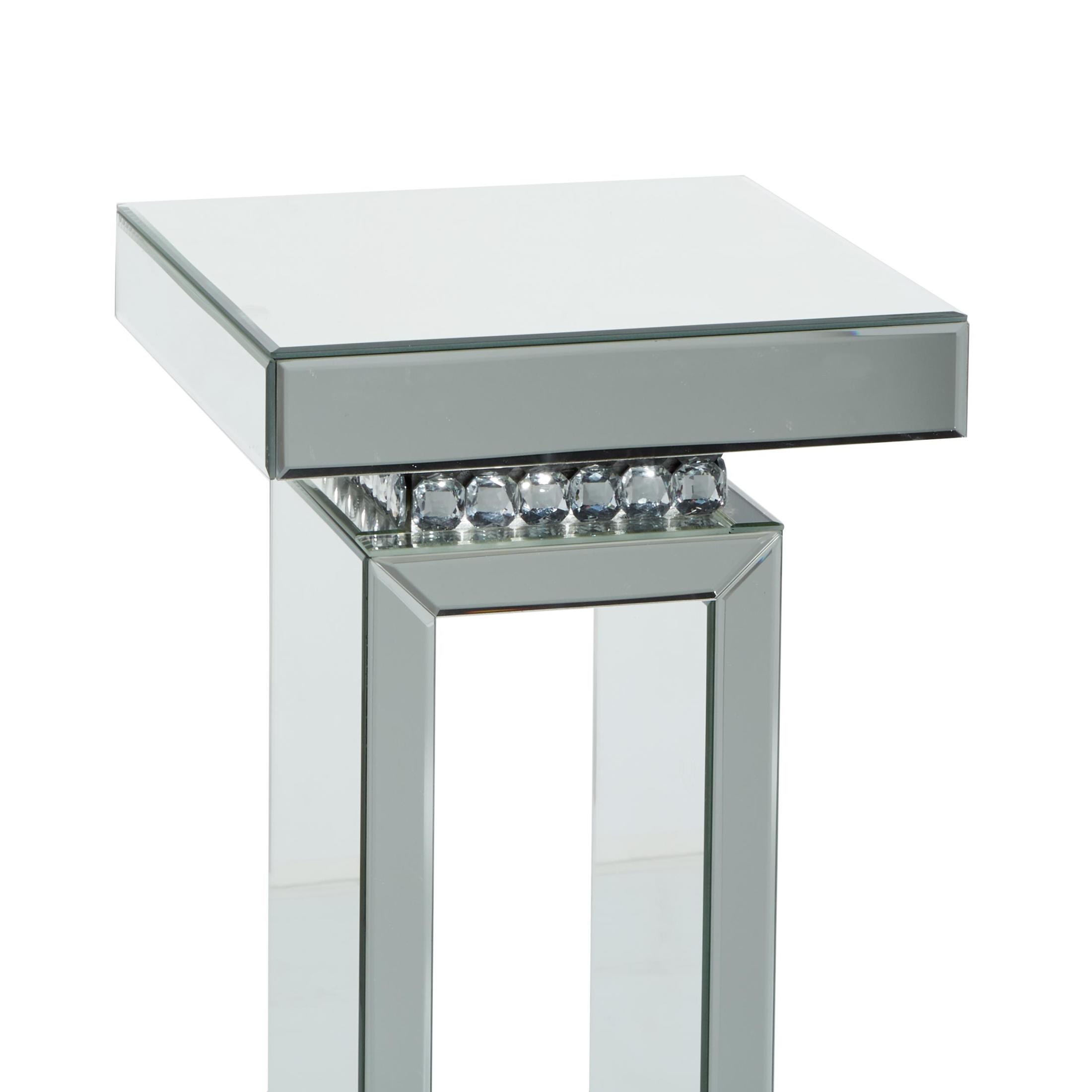 DecMode 12" x 28" Silver Glass Cutout Mirrored Pedestal Table with Beaded Crystal Accents, 1-Piece