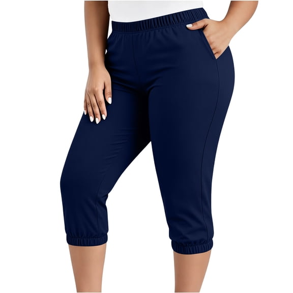 Nhthy Women's Plus Size Solid Casual Capri Pants, Comfort Loose Fit 7/8 Cropped Trousers with Side Pockets for All Day Wear Navy XXXL