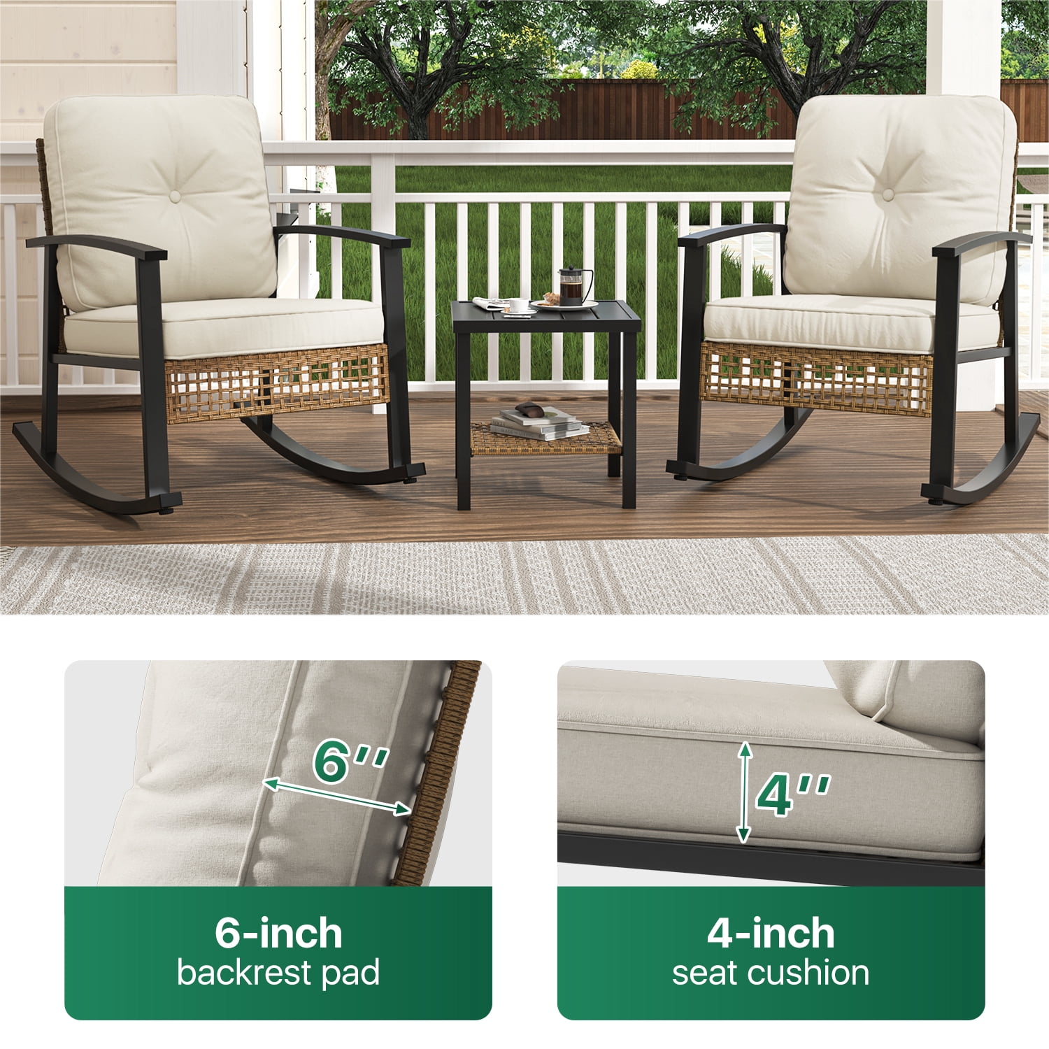 Clouddwell 3-Piece Patio Furniture Set,Steel Rocking Chair with Comfortable Cushions and Coffee Table.for Garden,Yard off-White