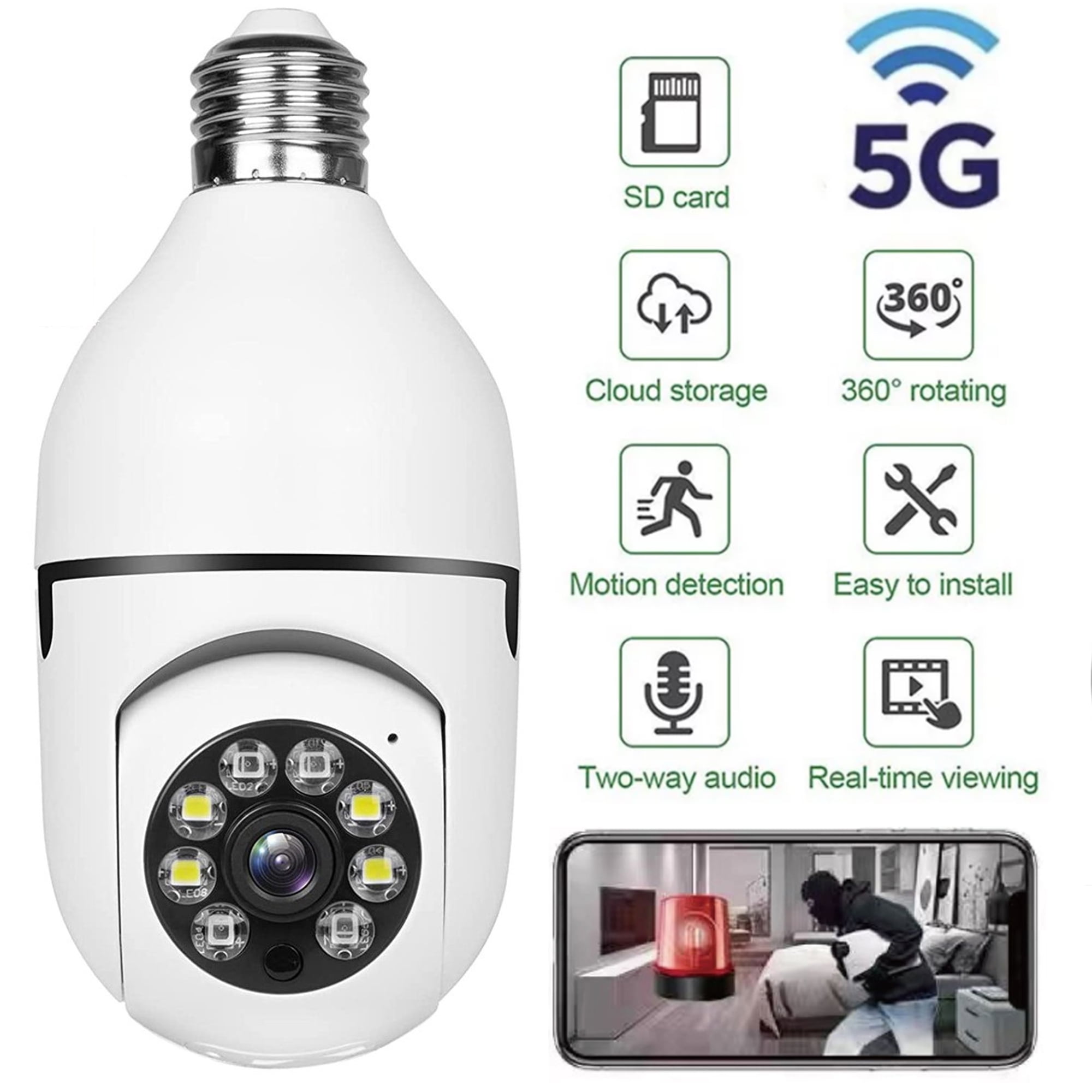 SIEANE Light Bulb Cameras, Outdoor Wireless WiFi 2.4Ghz & 5G 360