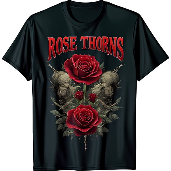 Black T-Shirt with Red Rose and Graphic Rose Thorns Design