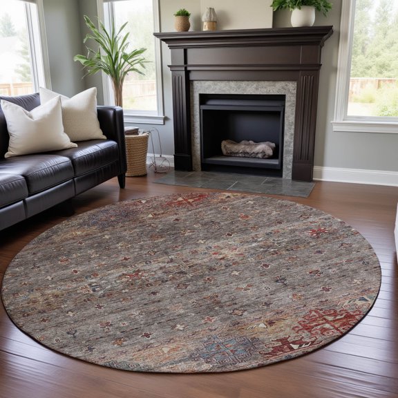 Addison Rugs Mayfield Premium Machine Washable Transitional Global Gray Round Rug, 8' x 8'
