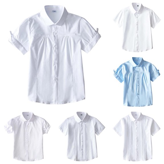 RTKFRFLM Girls School Uniform Summer Short Sleeve White Shirt Plus Size Student Performance Dress Blouse for Back to School Season