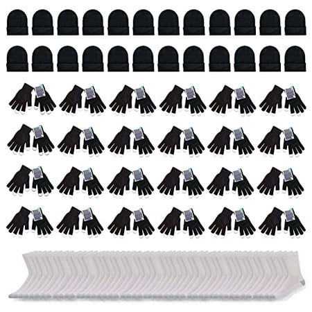 

72 Pack - Wholesale Unisex Winter Bundles- One Size First Most-24 Touch Screen Gloves 24 Beanies and 24 Pack of White Crew Socks - Bulk Case of 72 Winter Wear Items