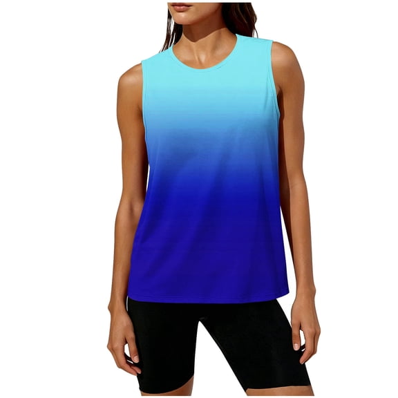 Bosfbaoi Women's Gradient Print Sleeveless Tank Tops, Round Neck Loose Fit Workout Blouses, Lightweight Breathable Athletic Shirts for Gym and Summer