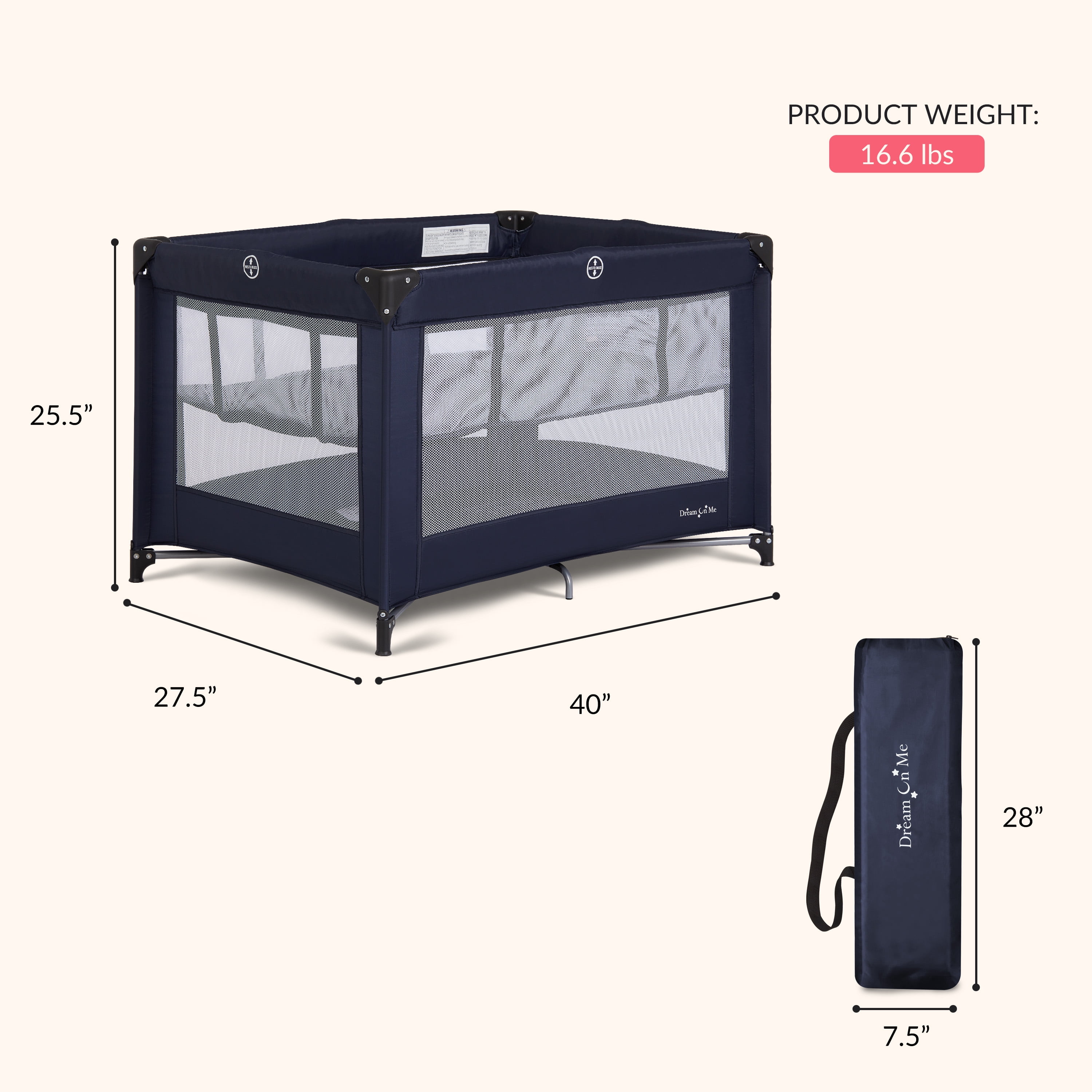 Dream On Me Zazzy Portable Play yard with Bassinet, Navy
