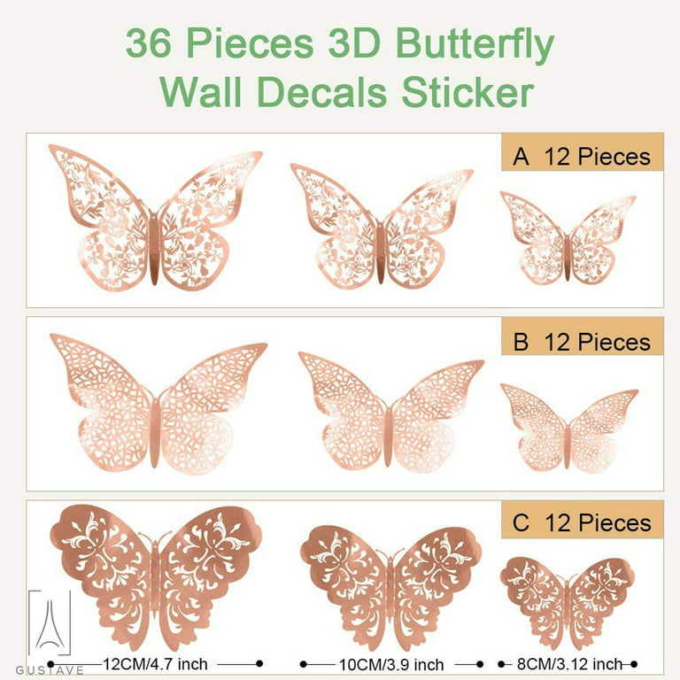 36pcs 3d Butterfly Wall Decor Rose Gold Butterflies Wall Stickers