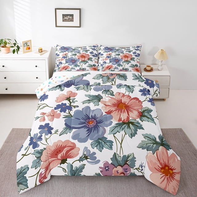 Erosebridal Floral Daisy Comforter Sets Queen Size,Botanical Theme Bedding Queen Comforter Set,Microfiber Reversible Bedding Sets Queen with Comforter,Floral Decoration,3 Pieces