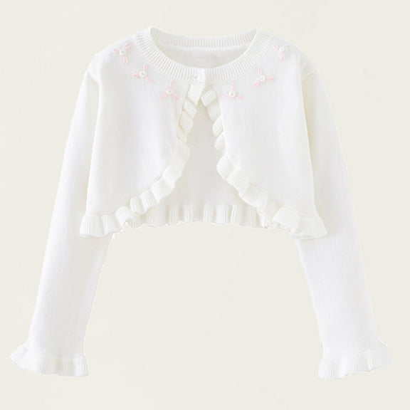 ATOGUTA Girls' Cardigans Long Sleeve Cardigan Sweater Cute Open Front Button Knit Crop Tops White, Kids Jackets 1T-10