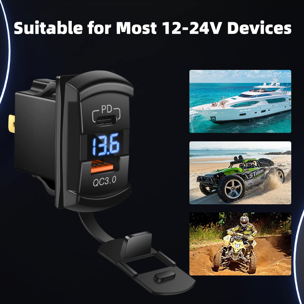 USB Rocker Switch USB C Charger Socket with Waterproof Cover Dual PD and QC3.0 12V/24V Blue Led Voltmeter for Rocker Type Marine Switch Panel On Marine Rv Vehicles…