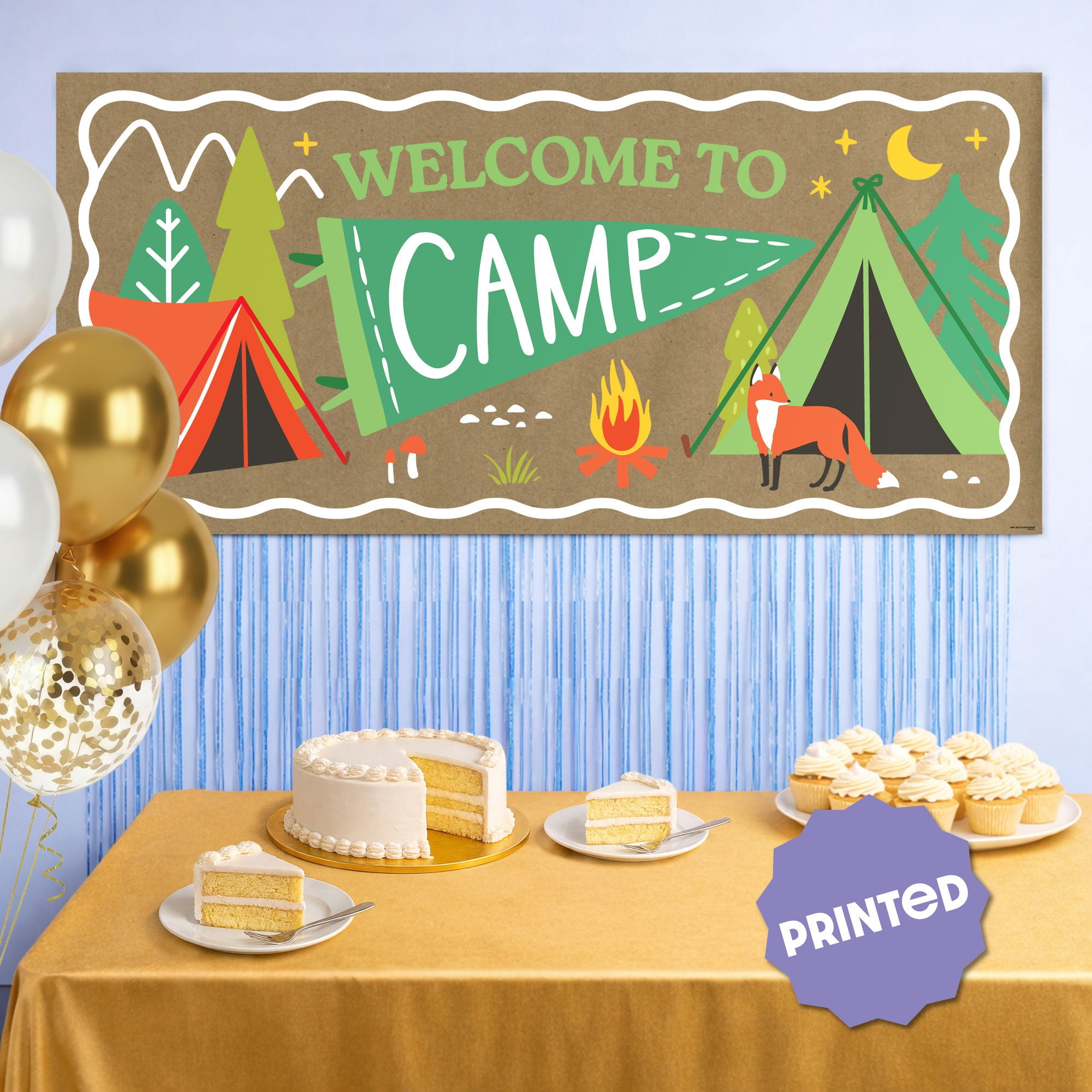 Big Dot of Happiness Camping Kraft Paper Banner, Happy Camper Kids Birthday Party Welcome Banner, Printed Brown Paper Party Sign Decoration – 1 Count