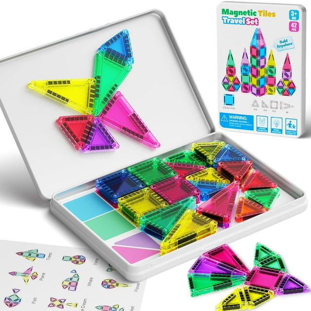 Juego de azulejos magnéticos MEIQ de 42 piezas con caja de almacenamiento de hierro para niños de 3 a 8 años