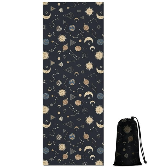 Dark Blue Sun Moon Cloud Star Pattern Hot Yoga Mat Towel Non Slip for Hot Yoga - Quick-Drying Yoga Mat Cover with 4 Corner Pockets with Travel Bag - Hot Yoga Towel Non Slip 70"x26"