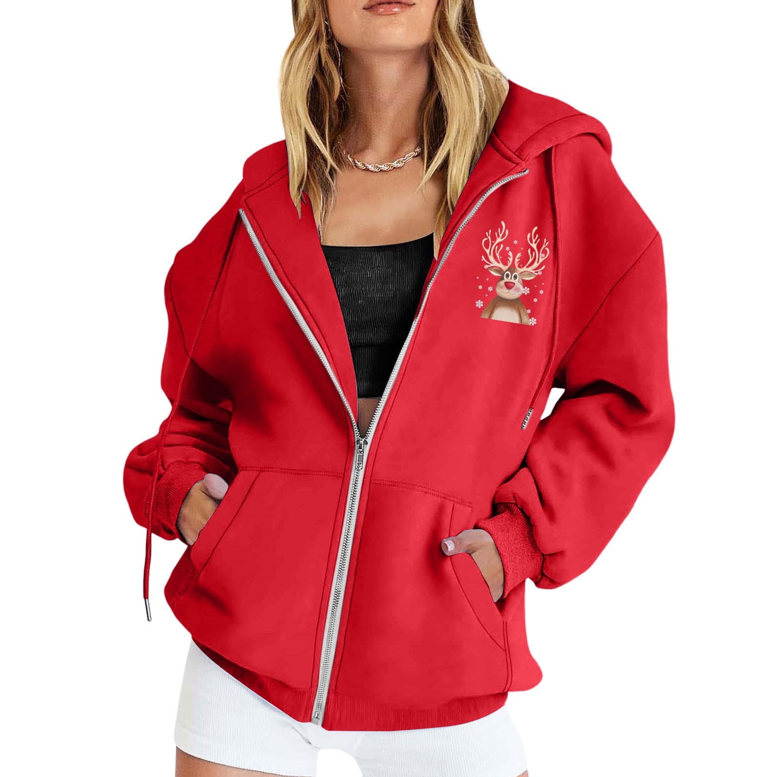 Ugly Christmas Hoodies for Women Zip Up Xmas Graphic Print Fleece Hooded Sweatshirts Funny Holiday Party Casual Jackets