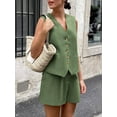 thumbnail image 6 of Women'S Summer 2 Piece Outfits Sleeveless Sets Button Down V Neck Vest Waistcoat and Pockets Shorts Army Green S, 6 of 9