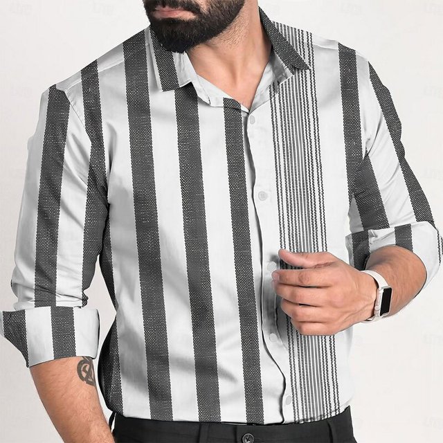 Camisa de moda 2024 con cuello de rayas y cuadrícula, cambio de color claro, camisas múltiples, patrón de alta definición, camisa de fiesta al aire libre de moda 3D