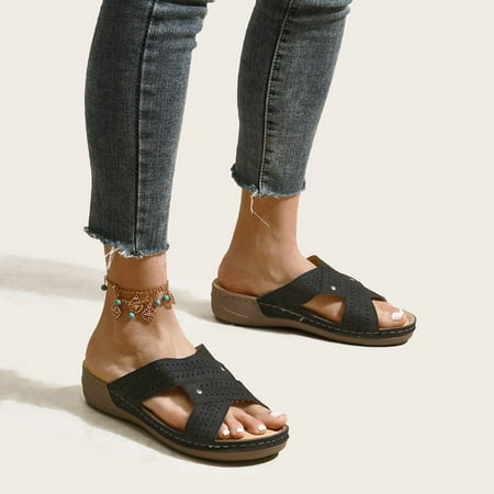 

absuyy Women s Wedge Sandals Open Toe Fashion Casual Summer Slide Sandals #907 Black