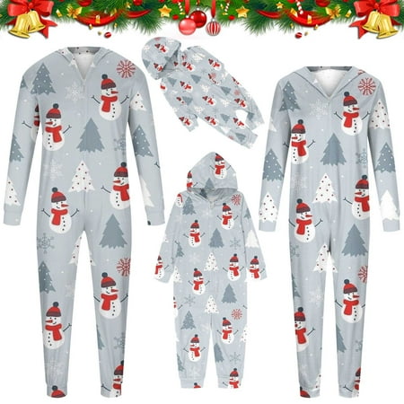 

YYDGH Christmas Pajamas for family Sets Matching Pajamas Cute Snowman Christmas Tree Graphic Siamese Hooded Jumpsuits Holiday Nightwear
