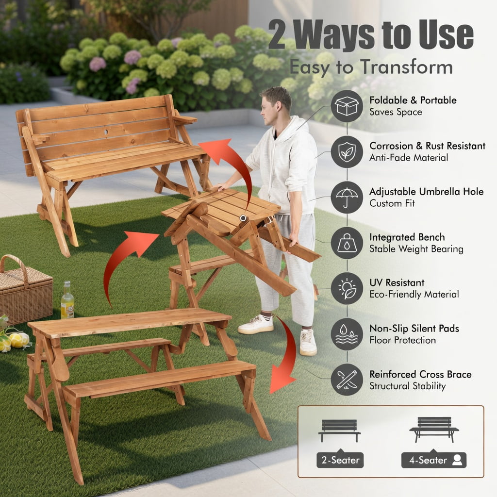 Hommoo 2-in-1 Transformable Wooden Picnic Table & Garden Bench with Umbrella Hole, Fir Wood Outdoor Furniture for Patio, Backyard, or Deck, Dark Brown