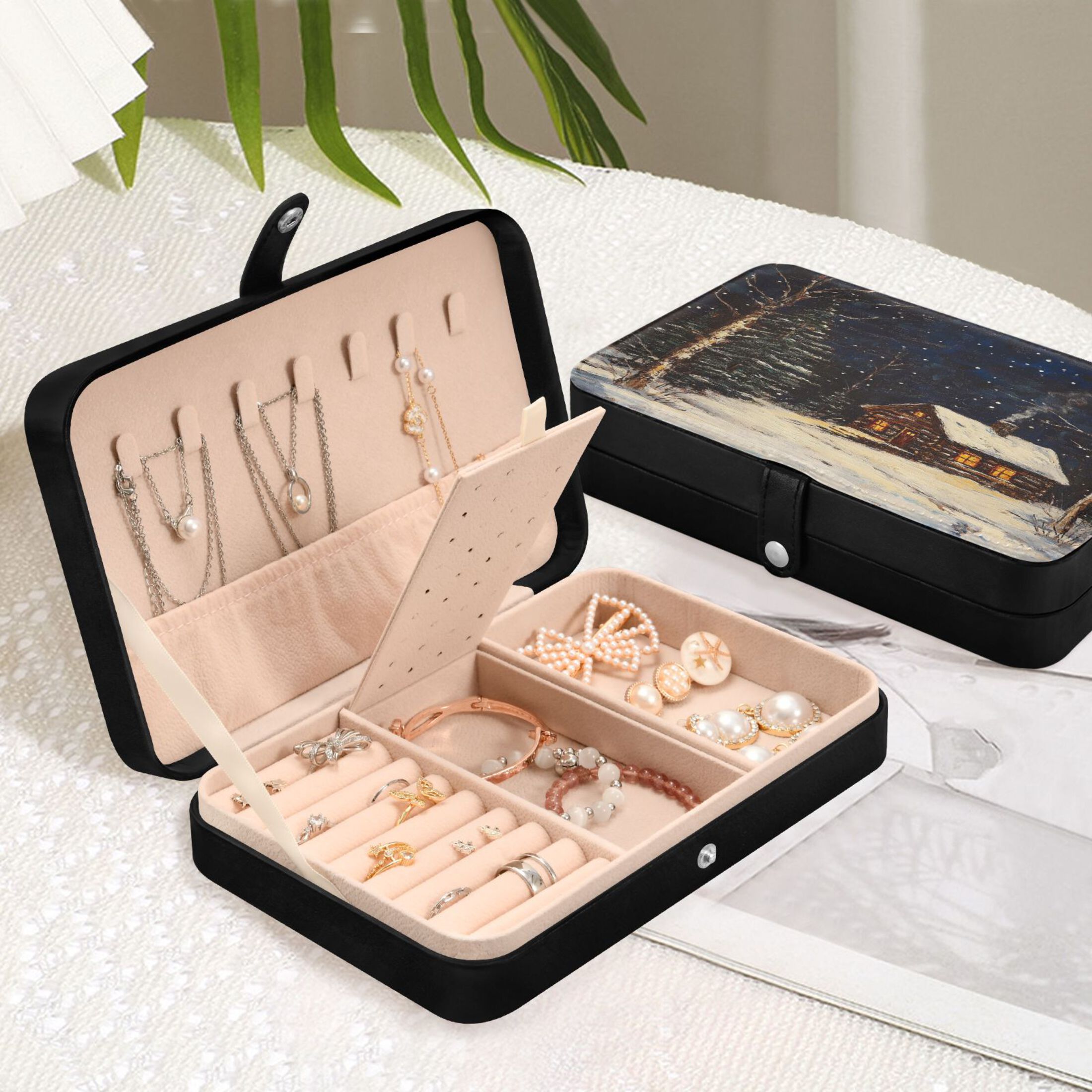 Leather Jewelry Box Rectangular 8.27x5.5x1.78In Travel Jewelry Storage Earrings Necklace Bracelet Watch Brooch Storage The Cabin in The Forest