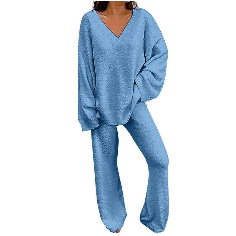 Lounge Sets Clearance under $20 Women Two Piece Outfits Long Sleeve Solid  Color Tops With High Waist Pants Baggy Warm Pajama Sets Blue L