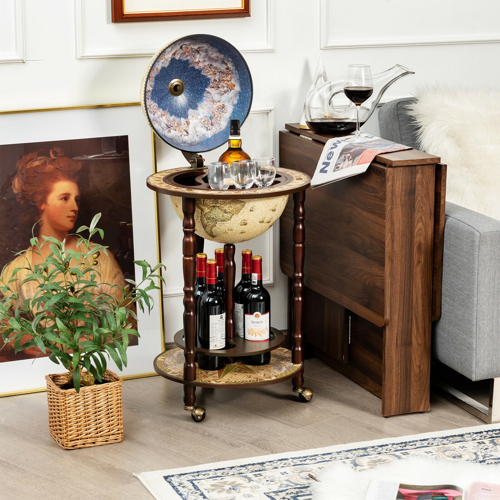 Gymax 16th Century Italian 17'' Wood Globe Wine Bar Stand Rack Liquor Bottle Shelf Cart
