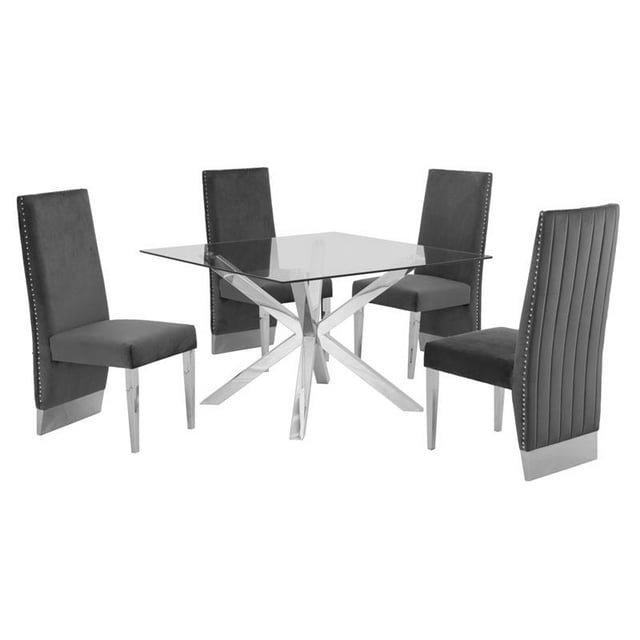 47" x 47" Clear Glass 5pc Dining Set with Silver Stainless Steel